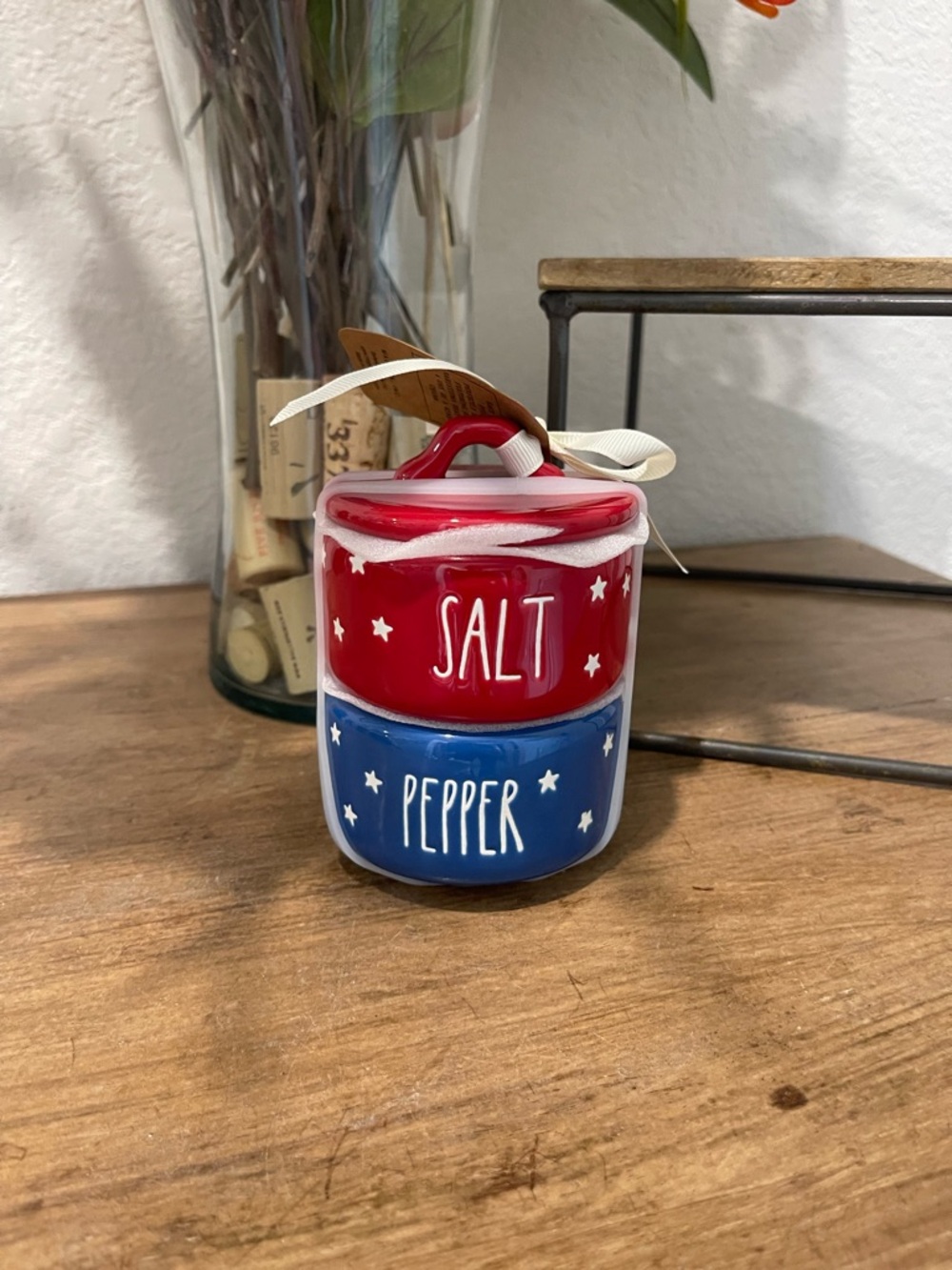 Rae Dunn Red Salt & Blue Pepper Stackable Ceramic Set